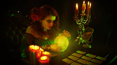 Magnificent fortune teller woman reading future on magical crystal ball and tarot cards.