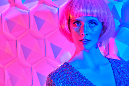 Portrait of an attractive girl with shiny glitter freckles and a bright pink wig on a background...