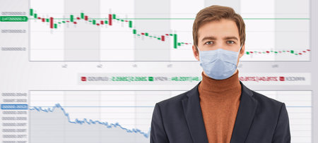 COVID-19 and business. Portrait of a businessman in a medical mask on a background of coronavirus...