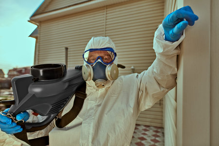 COVID-19 and disinfection. Disinfection specialist, a medical worker in a protective suit processes surfaces on the street using special equipment.