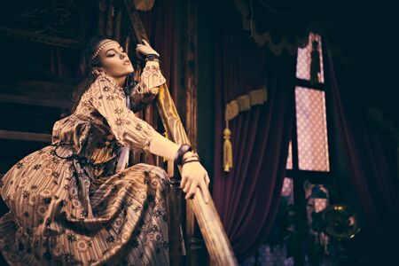 Bohemian lifestyle. Stunning young woman with hair, make-up and dress in boho style posing in a vintage luxurious interior. Fashion shot.の写真素材