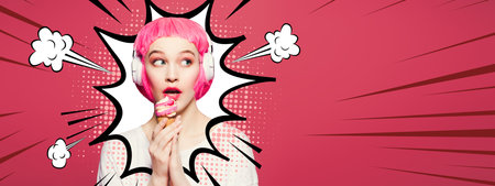 Pretty modern girl with pink hair and pink makeup enjoys listening to music in headphones and eating...