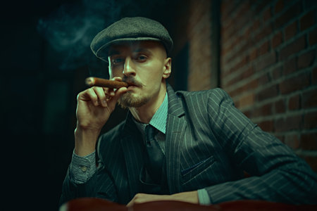 Portrait of a handsome courageous man sitting pensive in a rich setting on a leather sofa and...
