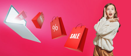 Fashion shot. Beautiful emotional girl in modern casual clothes posing at studio. Surprise, delight and joy concept. Copy space.の写真素材