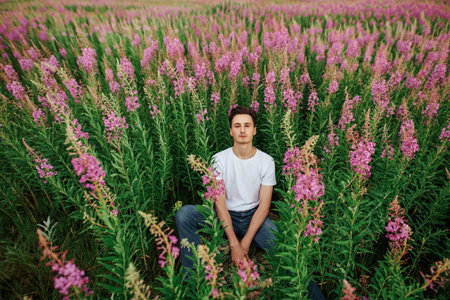 Portrait of a handsome young man in jeans and white t-shirt sitting relaxed in a field of blooming ivan tea. Male beauty, denim style.の写真素材