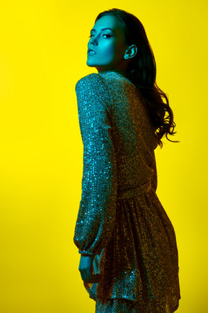 Luxurious lifestyle. Glamorous young woman with golden make-up posing in a sparkling dress in a...