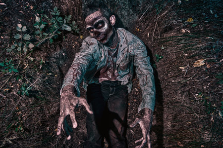 Zombie climbs out of the grave in the night cemetery. Halloween Horror.