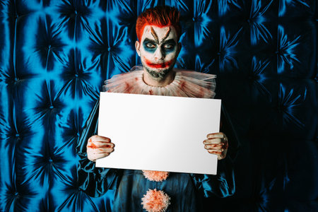 A portrait of an angry clown from a horror film with white board. Halloween, carnival.