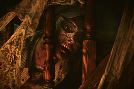 Frightening bloodied zombie in an abandoned house. Halloween. Thriller.の写真素材