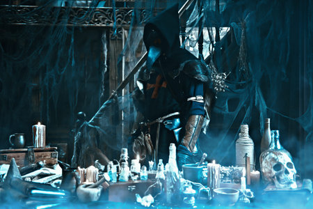 The plague doctor is working at his desk, inventing a cure for bubonic plague. The atmosphere of...