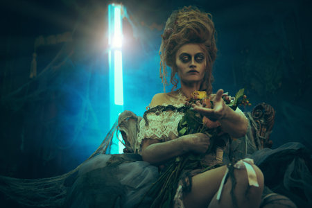Evil dead empress in the old abandoned castle. Ghost in the castle. Vintage style. Halloween