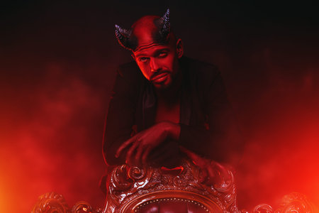 A portrait of a red horned devil standing leaning on a vintage armchair. Horror movie, nightmare....