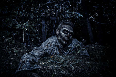Zombie climbs out of the grave in the night cemetery. Halloween Horror.の写真素材