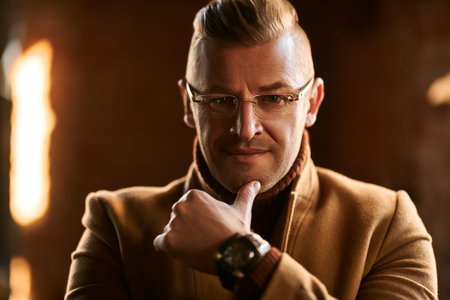 Close-up portrait of a handsome mature man in elegant glasses thinking about something. Business...