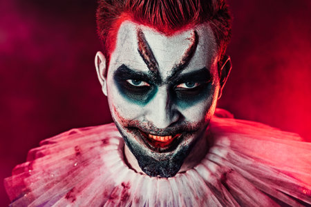 A close up portrait of a laughing angry clown from a horror film. Halloween, carnival.の写真素材