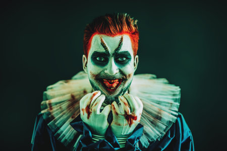 A portrait of an angry crazy clown protruding tongue, making faces, Horror film. Halloween,...
