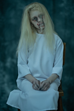 A portrait of a scary pale girl from a horror film. Zombie, halloween.の写真素材
