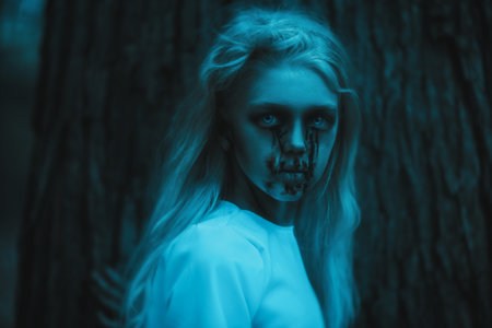 A portrait of a scary pale girl from a horror film in the forest. Zombie, halloween.