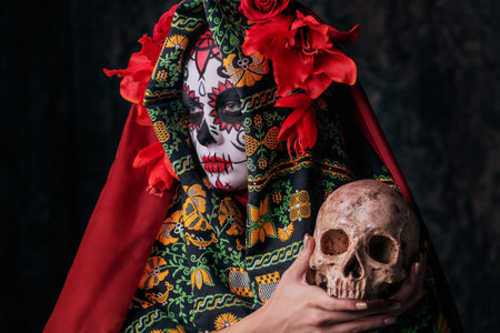A close-up portrait of Calavera Catrina holding a skull in her hands. Sugar skull makeup. Dia de los...