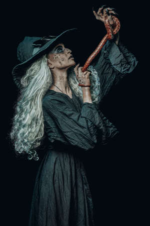 Halloween. Portrait of a scary ugly witch talking with her poisonous snake on a black background. Scary tales. Witchcraft.の写真素材