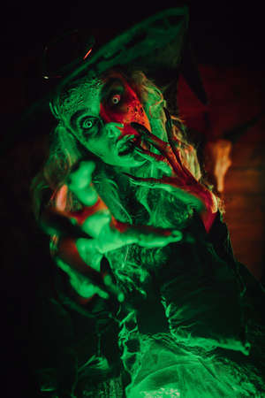 A scary ugly witch stands in an abandoned witch's den in green light. Halloween. Scary tales.の写真素材