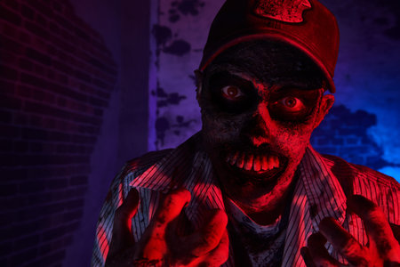 Close up portrait of a horrible scary zombie man in red light. Horror. Halloween.