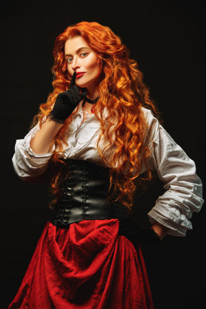 Portrait of a beautiful young woman with magnificent red hair in a historical costume of 16-17th...