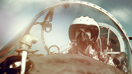 Portrait of a man pilot wearing helmet and a mask in cockpit of fighter jet. Military aircraft.