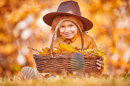 Autumn. Little girl resting, sitting with a basket of autumn leaves on the grass. Retro style. Children's fashion.の写真素材
