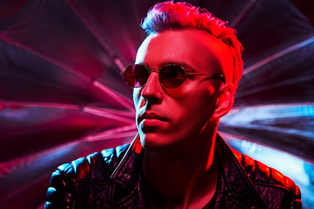 Portrait of a handsome disco man in in red light .. Party, disco. Colorful light.