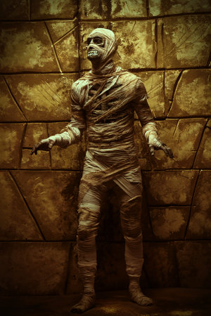 Halloween mummy is posing against the background of ruined wall. Halloween. Ancient Egyptian...