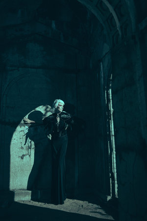 An aristocratic old widow woman with beautiful gray hair and a rich black dress stands sad in a...