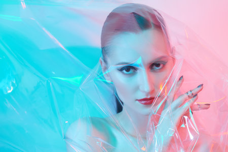 Art beauty concept. Portrait of a beautiful brunette girl through transparent film in gentle blue...