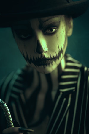 Elegant young woman in a male tailcoat and top-hat with pumpkin skull make-up. Pumpkin queen....