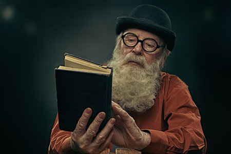 A wise old man with a long gray beard in a bowler hat and glasses is reading an old book. Black...
