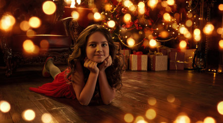 A happy girl is lying in the floor in the room decorated for Christmas. Christmas, New Year.