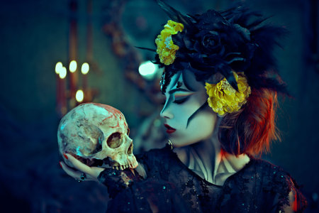Charming and dangerous Calavera Catrina with skull in an old castle. Sugar skull girl make-up and...