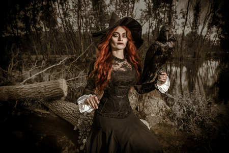 A portrait of redhead witch with a black raven outdoor. Magic, dark force, spell.