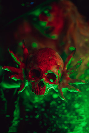 Halloween. The skull is in the hands of a sorceress. Magical green and red light.