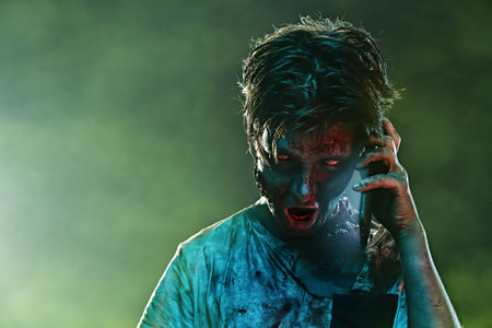 Horrible Halloween. Scary zombie boy teenager boy is on the phone from behind the headstone in the...