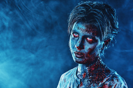Portrait of a scary Halloween zombie boy teenager with bloody eyes. Halloween concept. Horror movie.