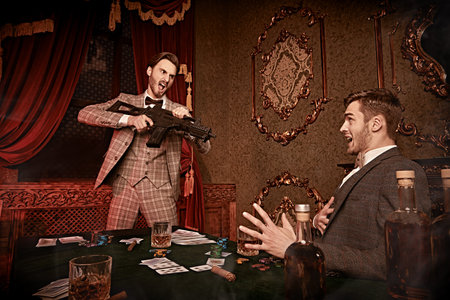 Casino robbery. Gangster robbing a casino with a gun in his hands. Mafia, retro style.