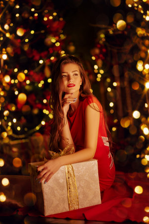Christmas and New Year concept. Beautiful happy girl celebrates Christmas in the fairy Christmas...