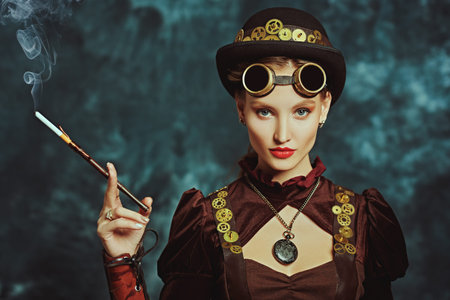 Steampunk style. Portrait of a beautiful steampunk girl inventor on a grunge background.