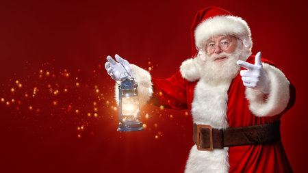 Merry Christmas and Happy New Year! Portrait of a jolly Santa Claus with a glowing lantern over red background with magic lights. Copy space.の写真素材