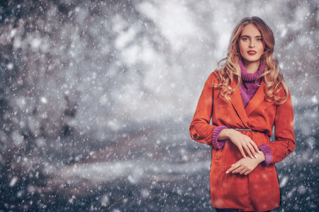 Winter beauty, fashion. Beautiful young woman walking in the park under the snow.