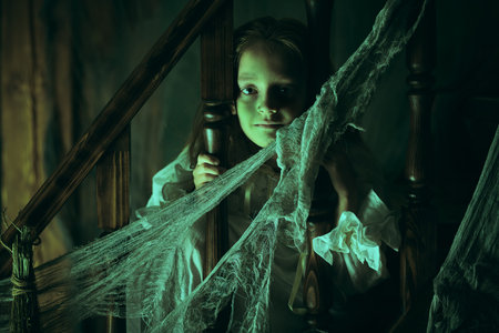 Halloween. Little girl ghost in a nightgown wanders through the old house at night.