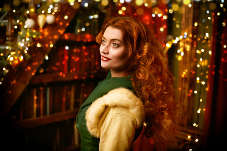 Beautiful young woman with magnificent red hair in a fairytale atmosphere of an old castle decorated...