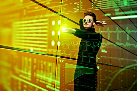 Digital world. Portrait of a futuristic man in black clothes and round mirror sunglasses raised his hands to touch digital hologram.の写真素材