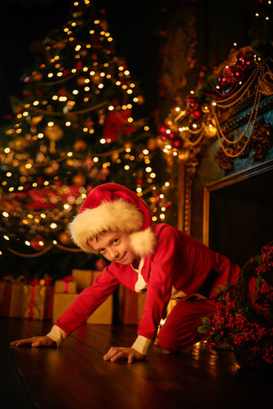 Funny little boy in pajamas climbs out of the fireplace in search of Santa Claus. Magic for...